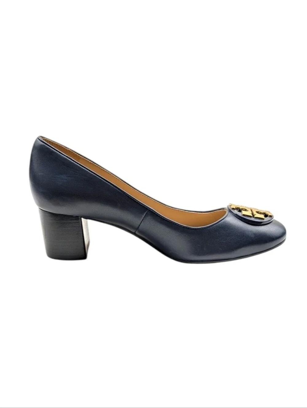 Tory Burch Janey Navy Leather Logo Block Heel Pumps Size 7 EUC $325 S4191